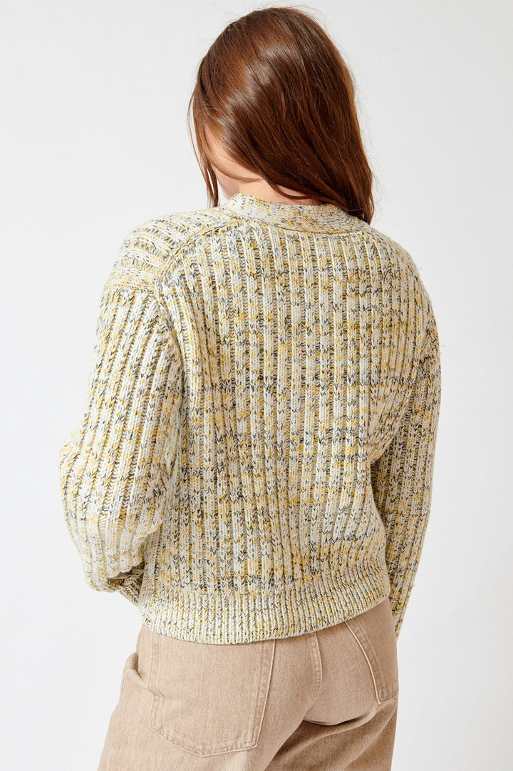 Julia wearing 6397 Marled Rib Cardigan rear view