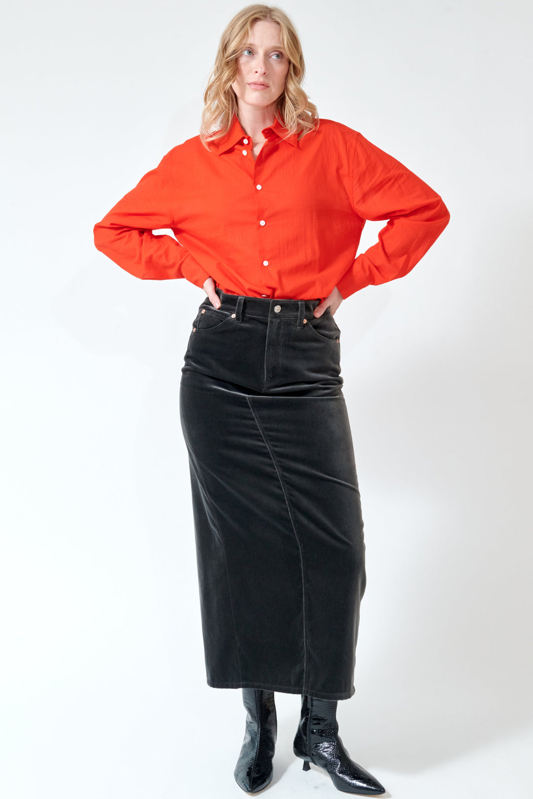 Madi wearing 6397 Velvet Long Skirt front view