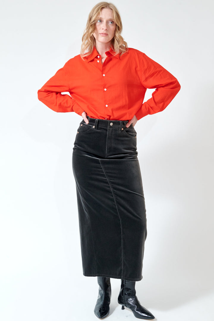 Madi wearing 6397 Velvet Long Skirt front view