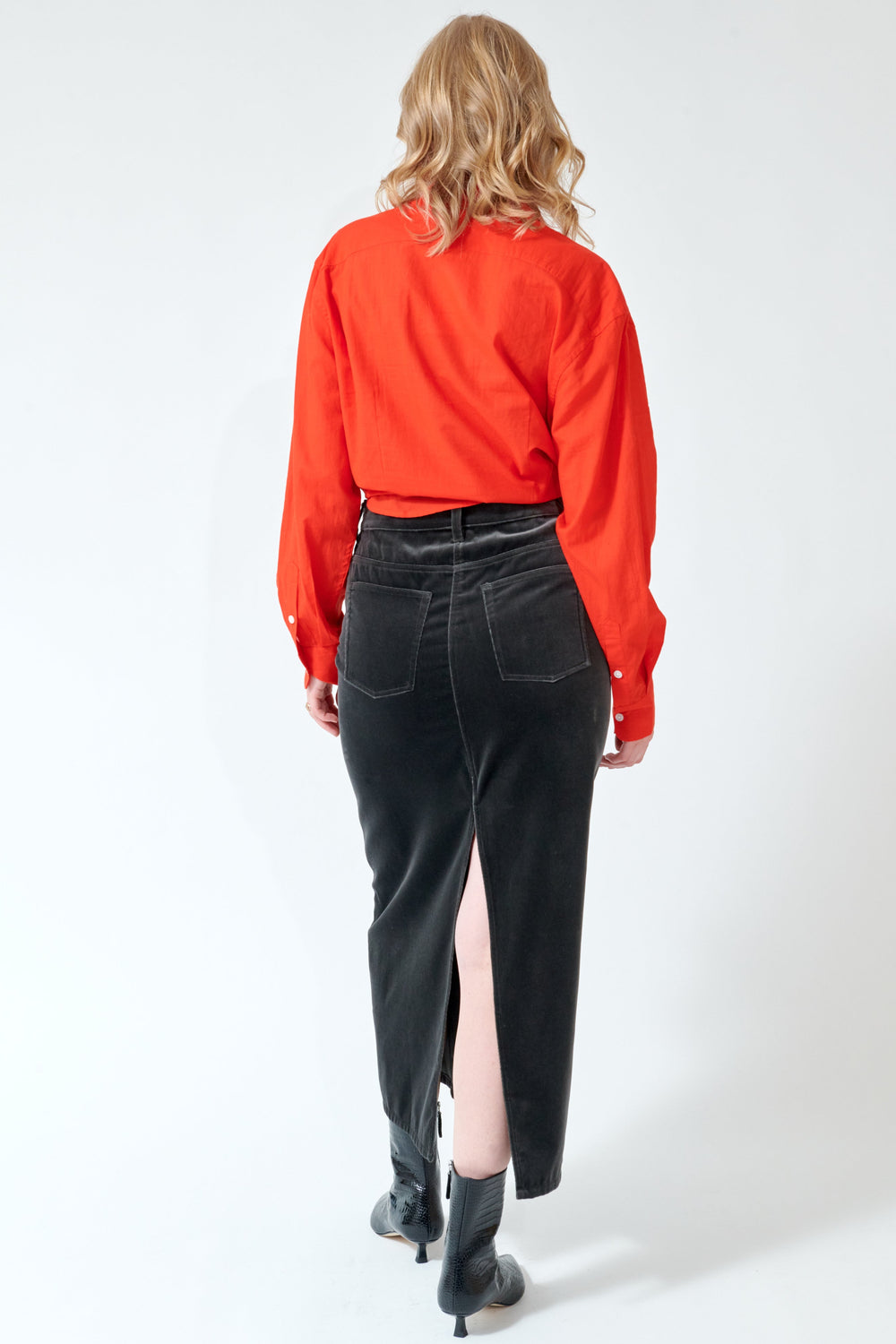 Madi wearing 6397 Velvet Long Skirt rear view