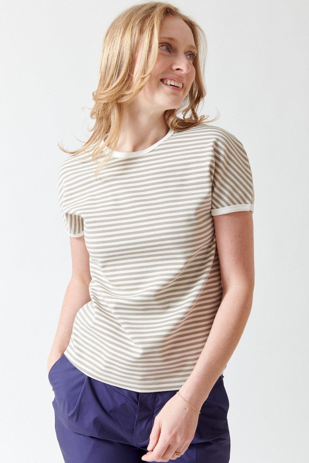 Madi wearing MM6 Maison Margiela Striped Jersey Tee Beige front view