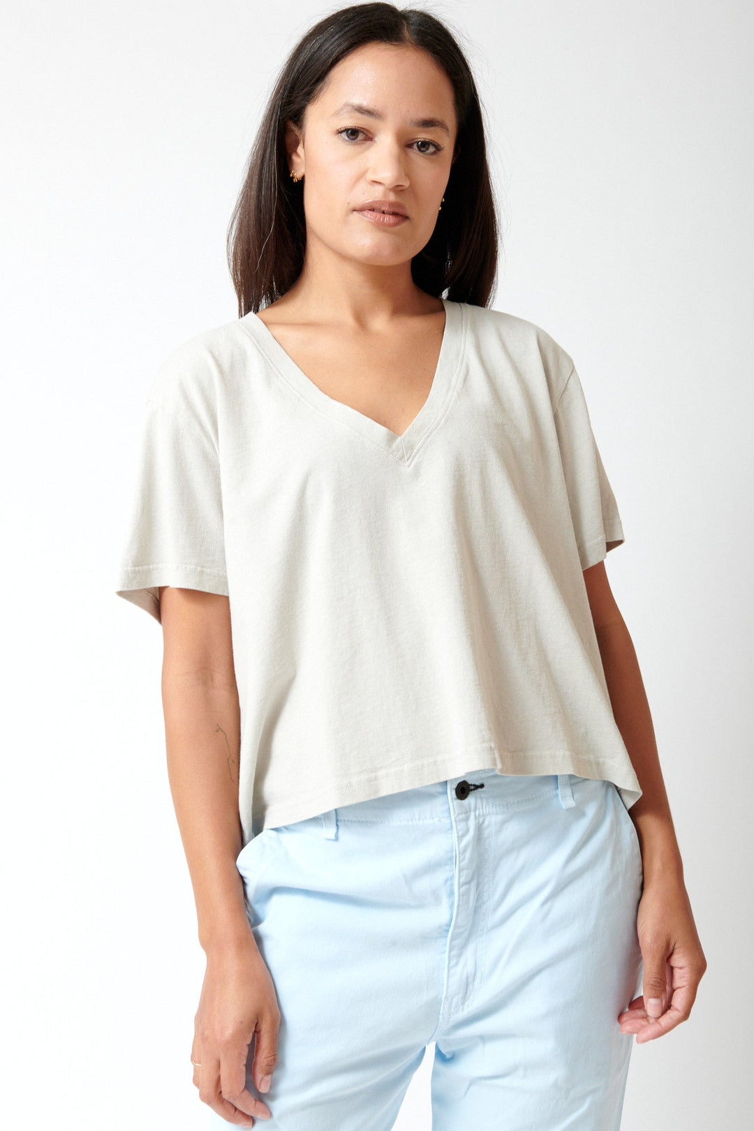 Amanda wearing ASKK NY Shrunken V Tee front view