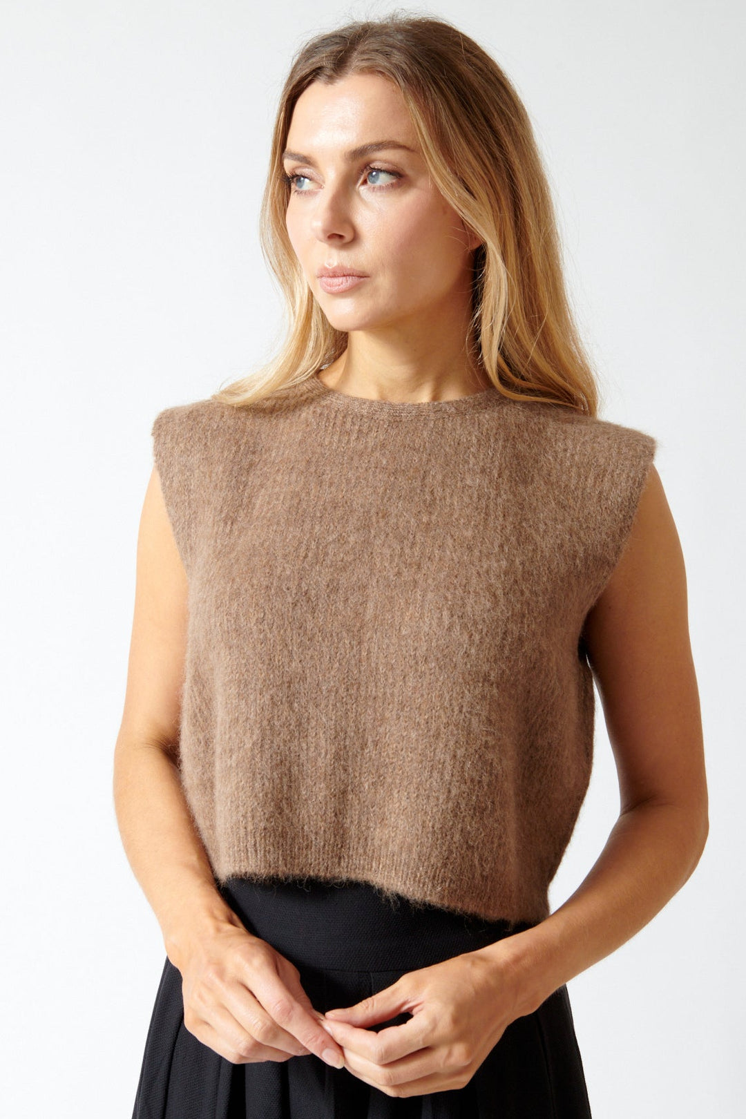 Mari wearing The Great The Brushed Melange Sweater front view