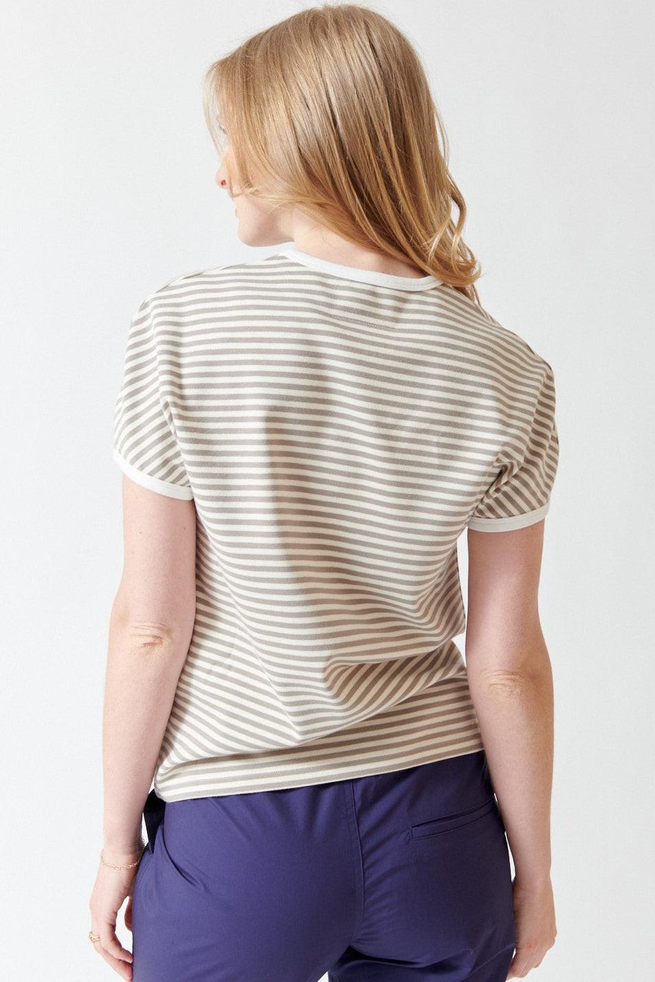 Madi wearing MM6 Maison Margiela Striped Jersey Tee Beige rear view
