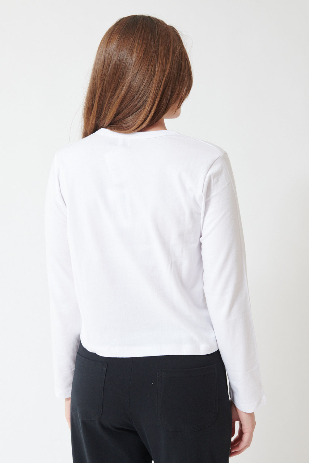 Julia wearing LESET The Margo Long Sleeve Tee, front view