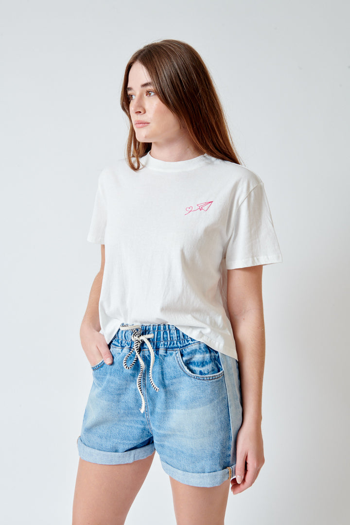 Julia wearing ASKK NY Shrunken Boy Tee Embroidered front view