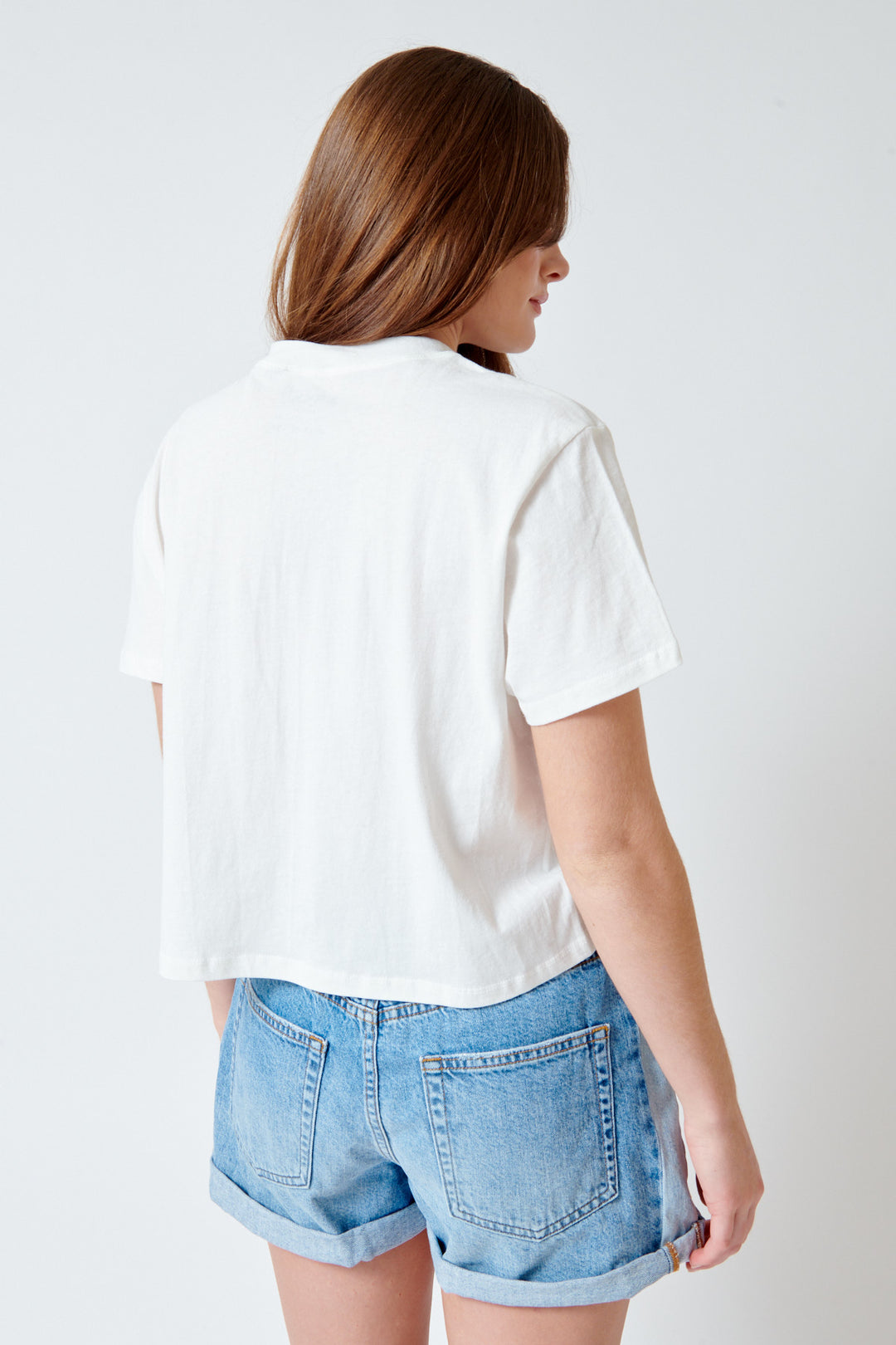 Julia wearing ASKK NY Shrunken Boy Tee Embroidered rear view