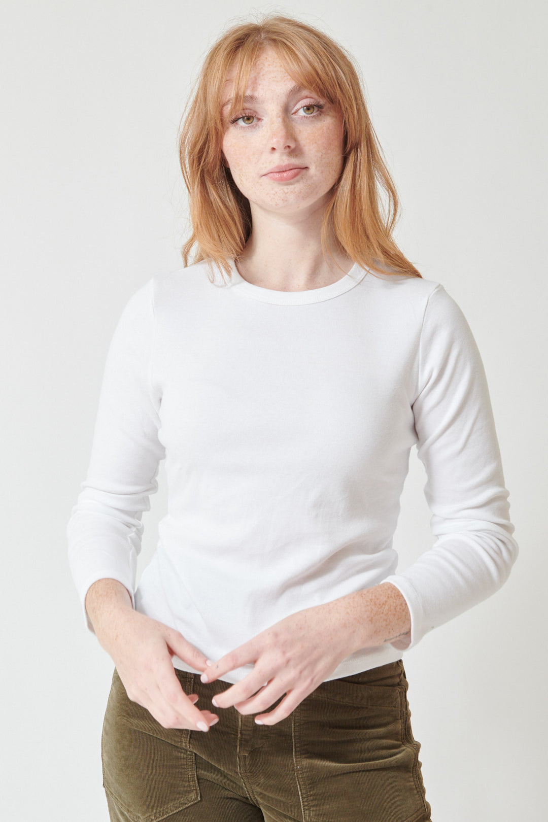 Waverly wearing LESET Nando Slim Fit Long Sleeve Tee, front view