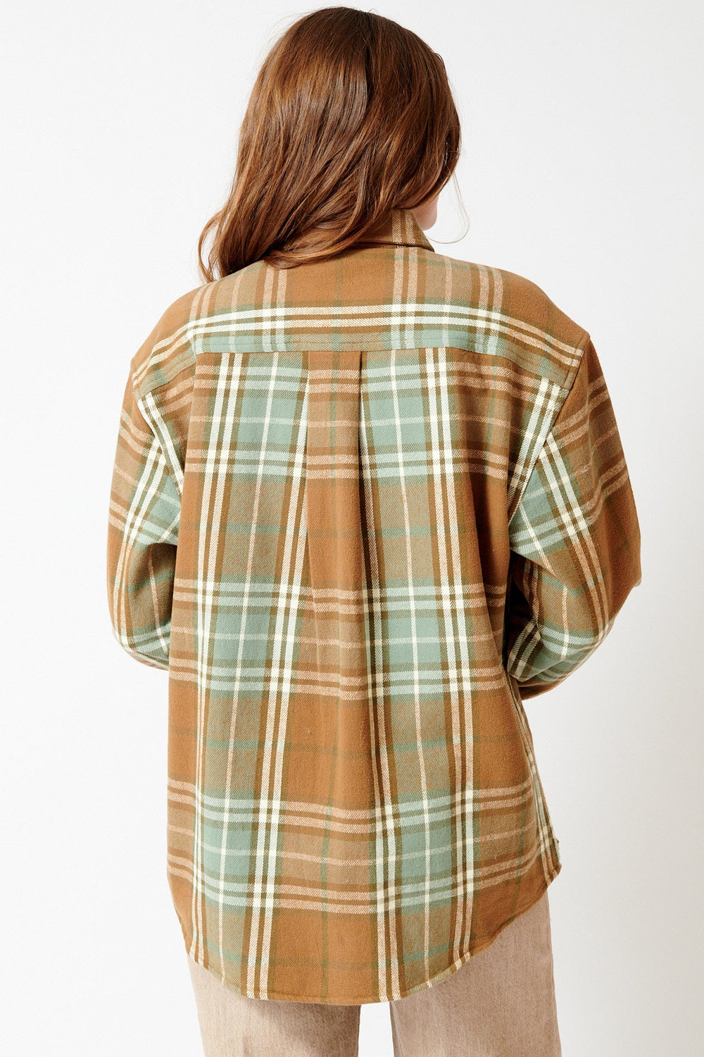 Julia wearing 6397 The Big Check Shirt rear view