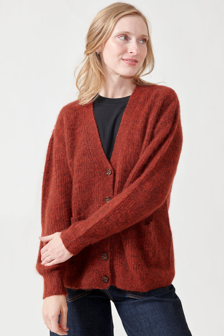 Madi wearing The Great The Brushed Melange Cardigan front view