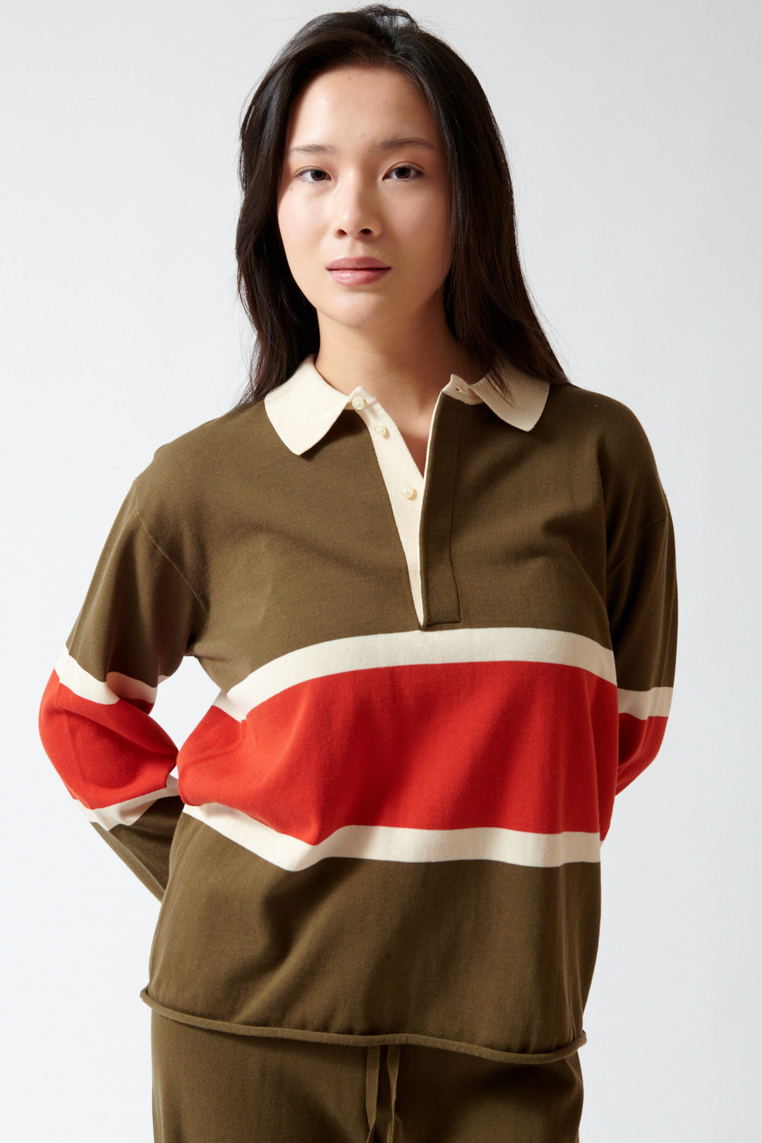 Lilly wearing The Great The Rugby Sweater front view