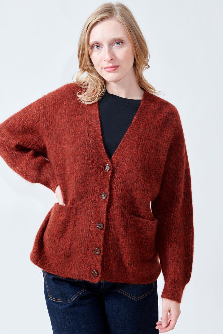 Madi wearing The Great The Brushed Melange Cardigan front view