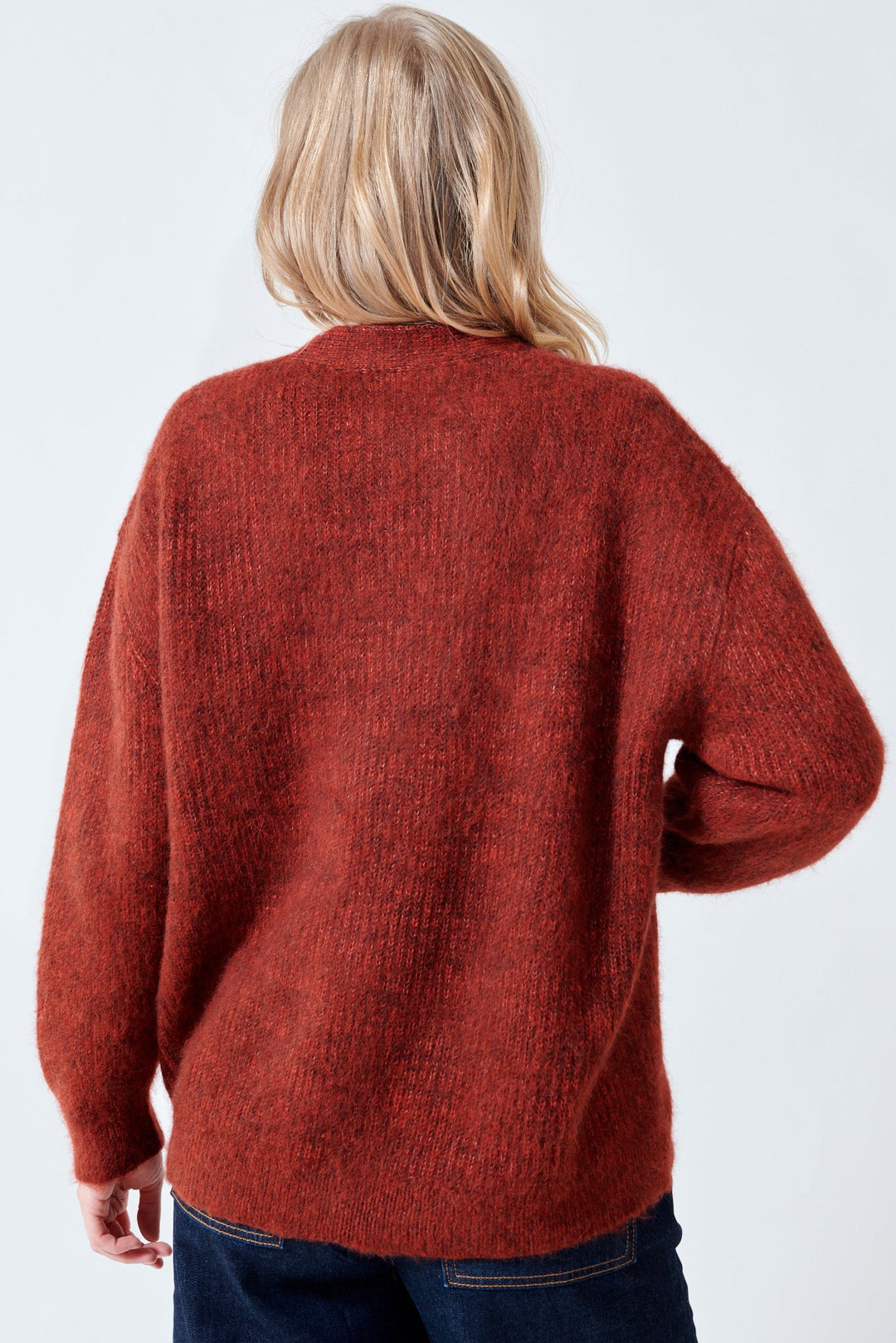 Madi wearing The Great The Brushed Melange Cardigan rear view