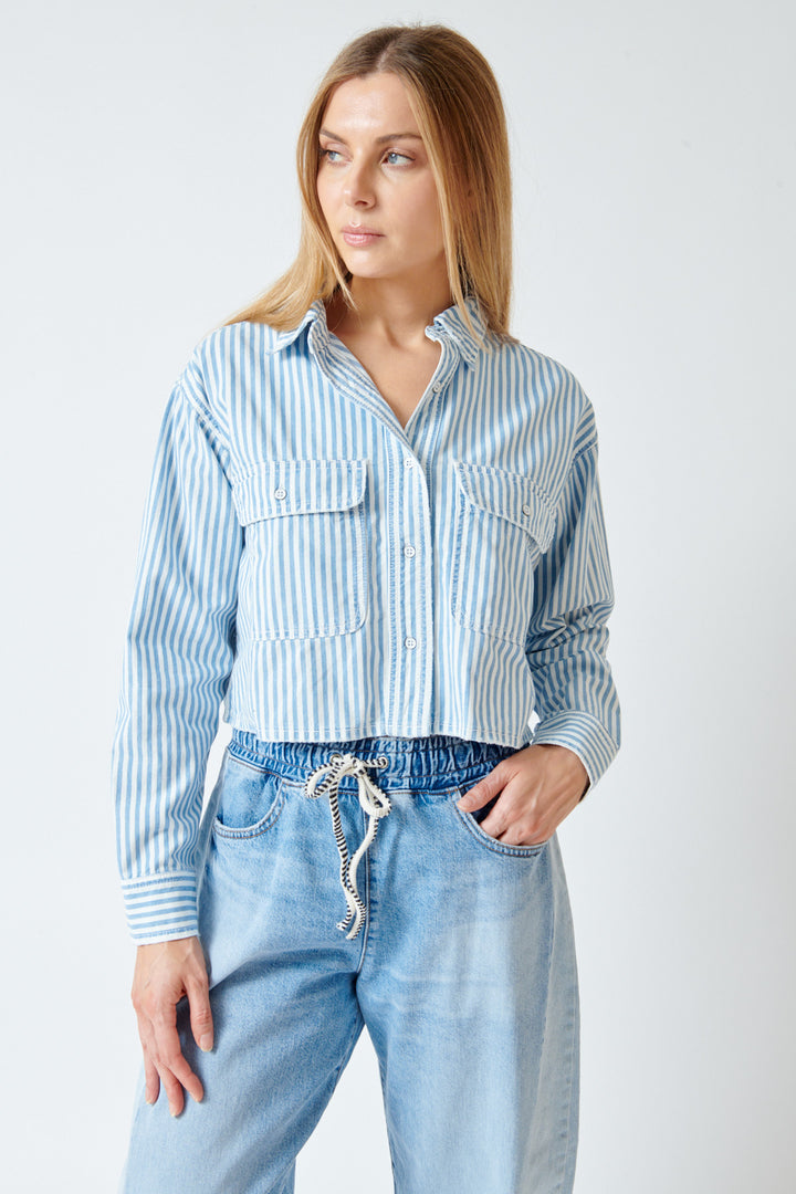 Mari wearing ASKK NY Cropped Nantucket Shirt front view 