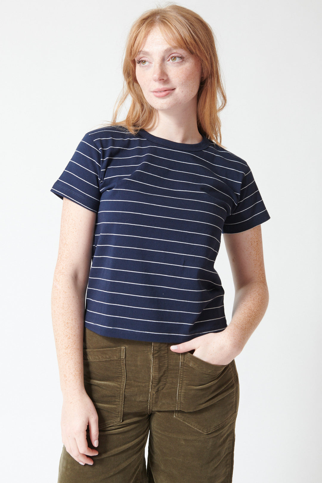 Waverly wearing LESET The Margo Tee in Midnight Natural Stripe, front view