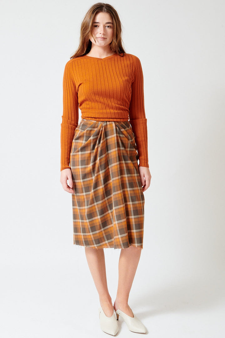 Julia wearing 6397 Draped Tartan Skirt front view
