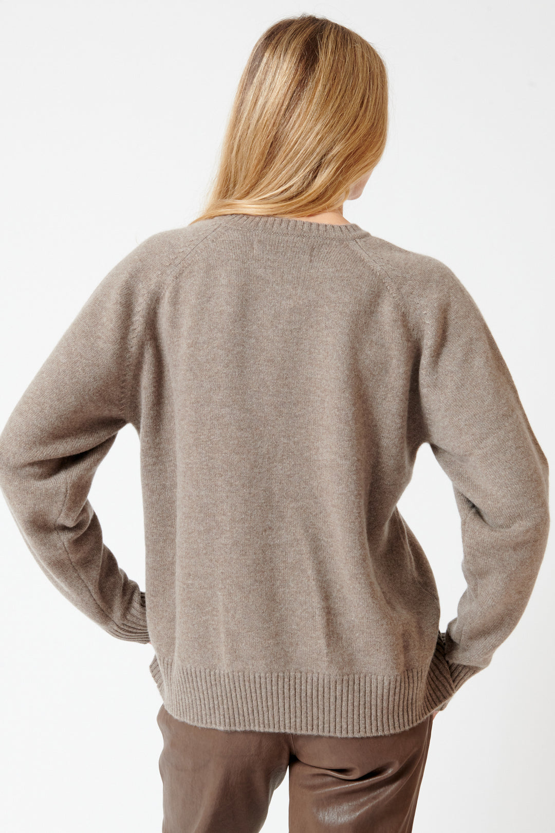 Mari wearing SPRWMN Classic Crew Sweater rear view