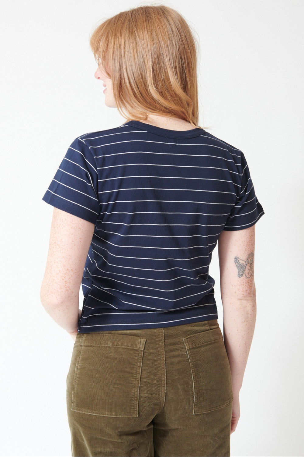 Waverly wearing LESET The Margo Tee in Midnight Natural Stripe, rear view