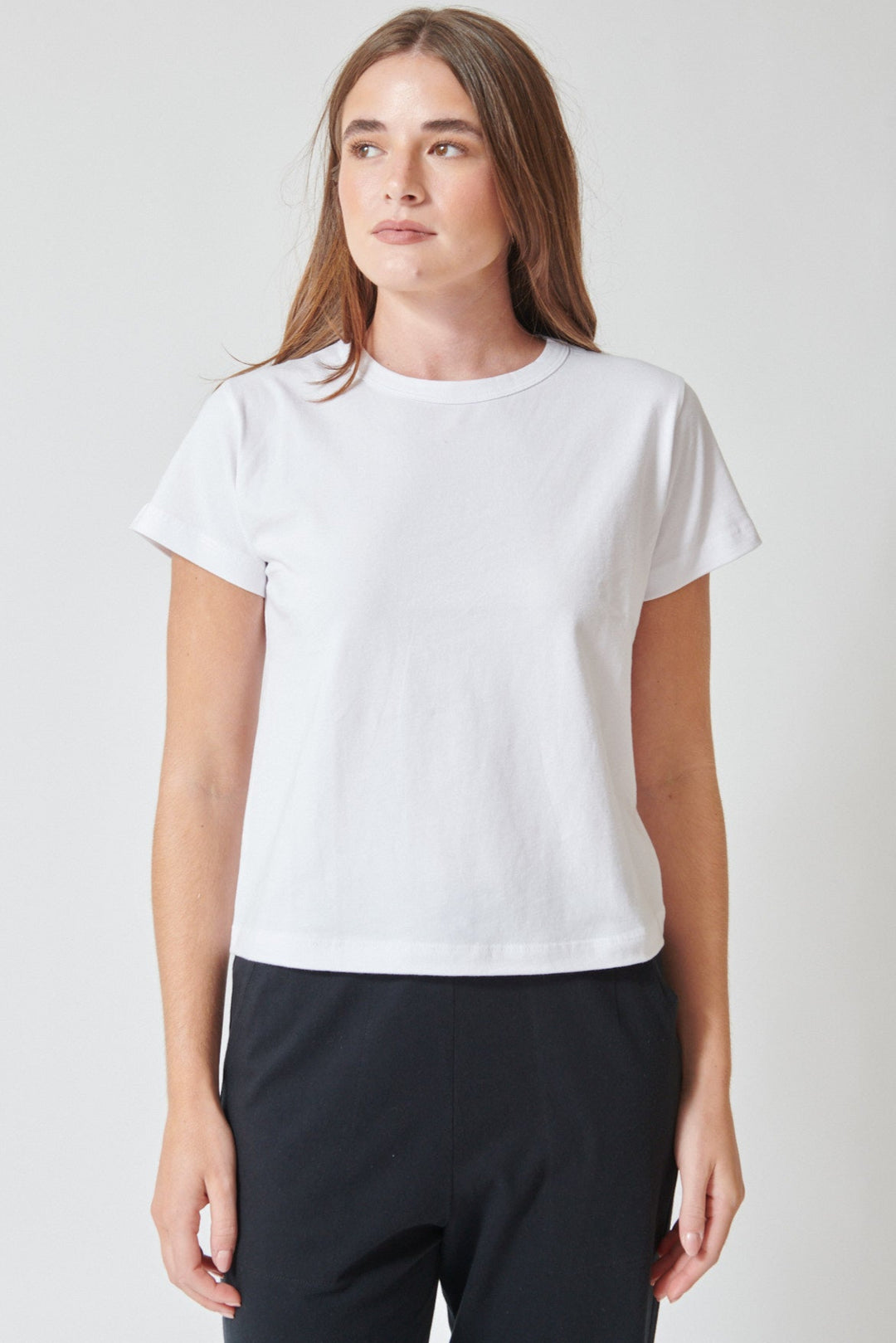 Julia wearing LESET The Margo Tee in white, front view