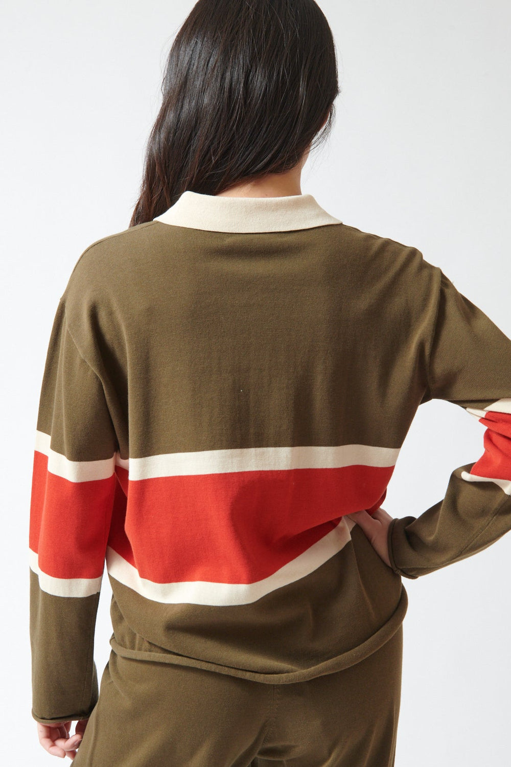 Lilly wearing The Great The Rugby Sweater rear view