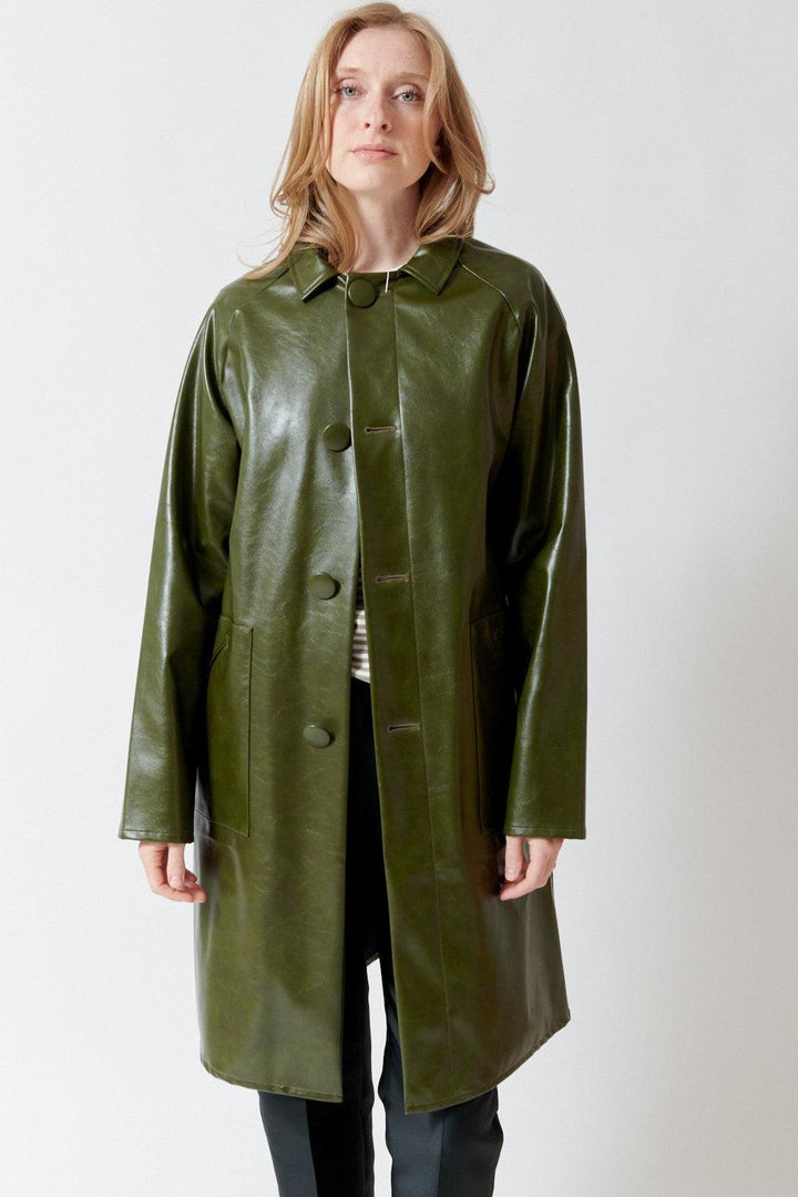 Madi wearing MM6 Maison Margiela Faux Leather Mid Length Jacket front view