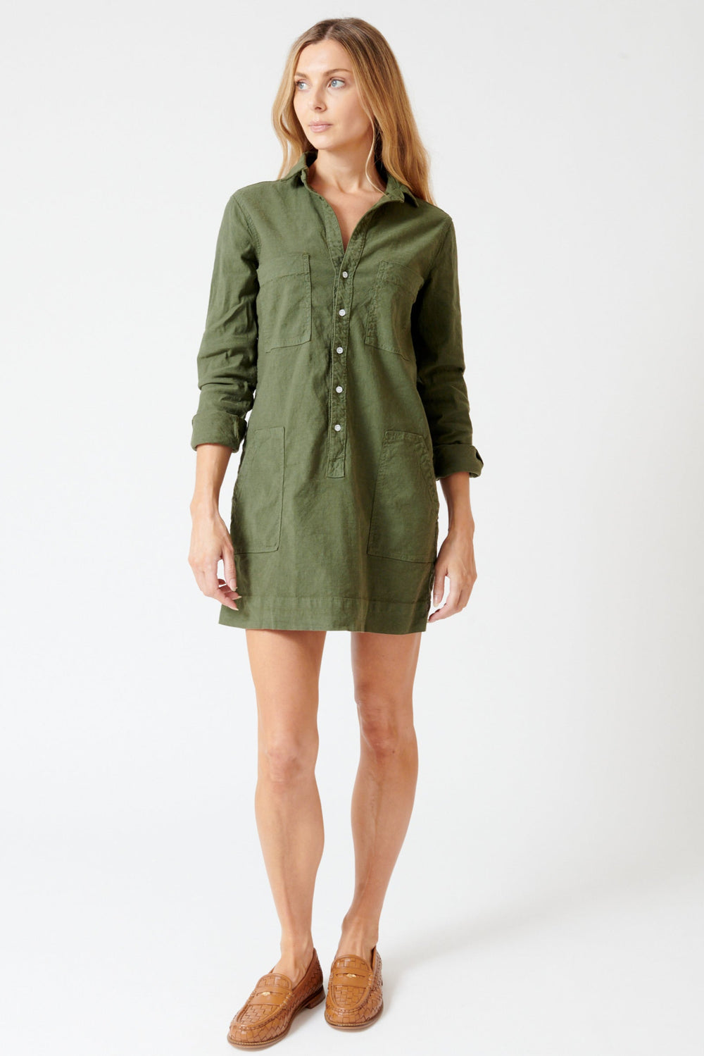 Mari wearing Frank & Eileen Southern Long Sleeve Playsuit Dress front view