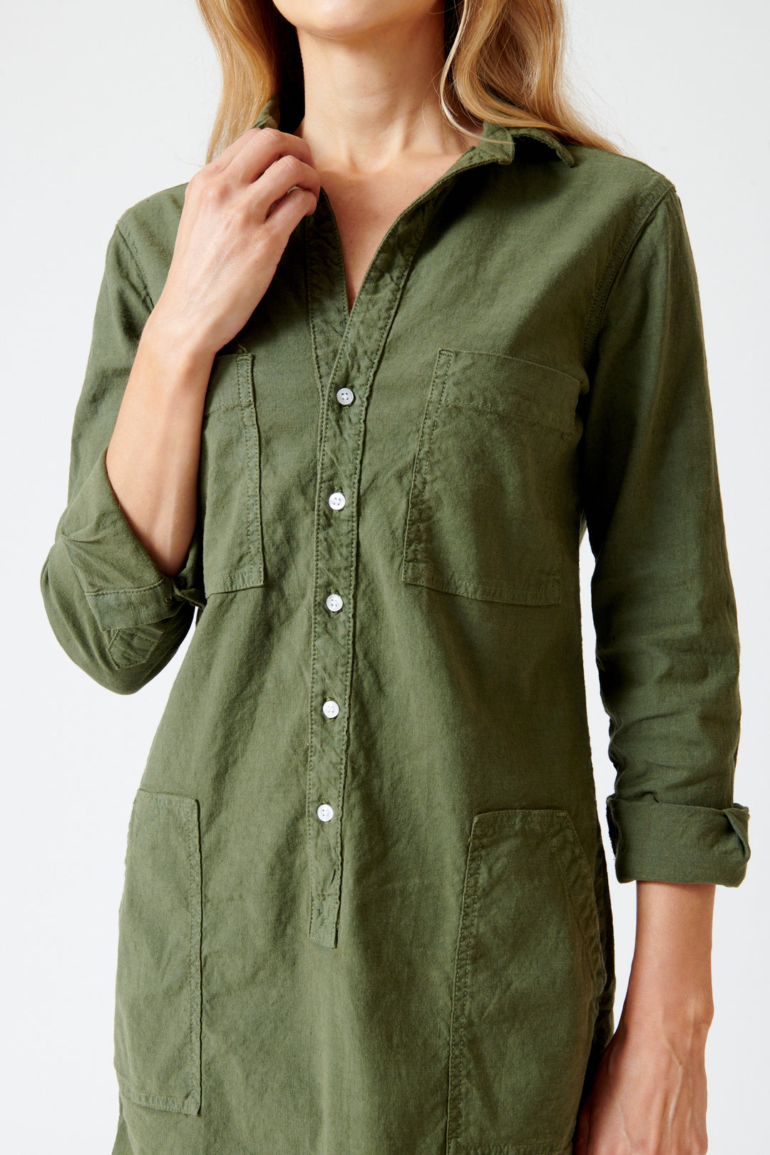 Mari wearing Frank & Eileen Southern Long Sleeve Playsuit Dress front/detail view