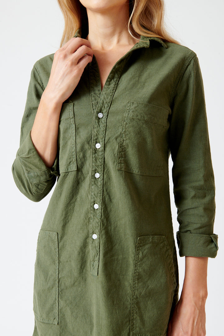 Mari wearing Frank & Eileen Southern Long Sleeve Playsuit Dress front/detail view