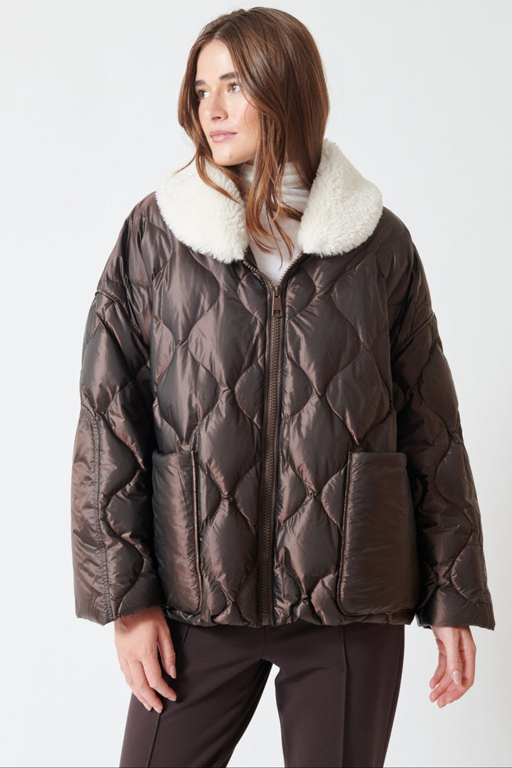 Julia wearing Dorothee Schumacher Cozy Coolness Jacket front view