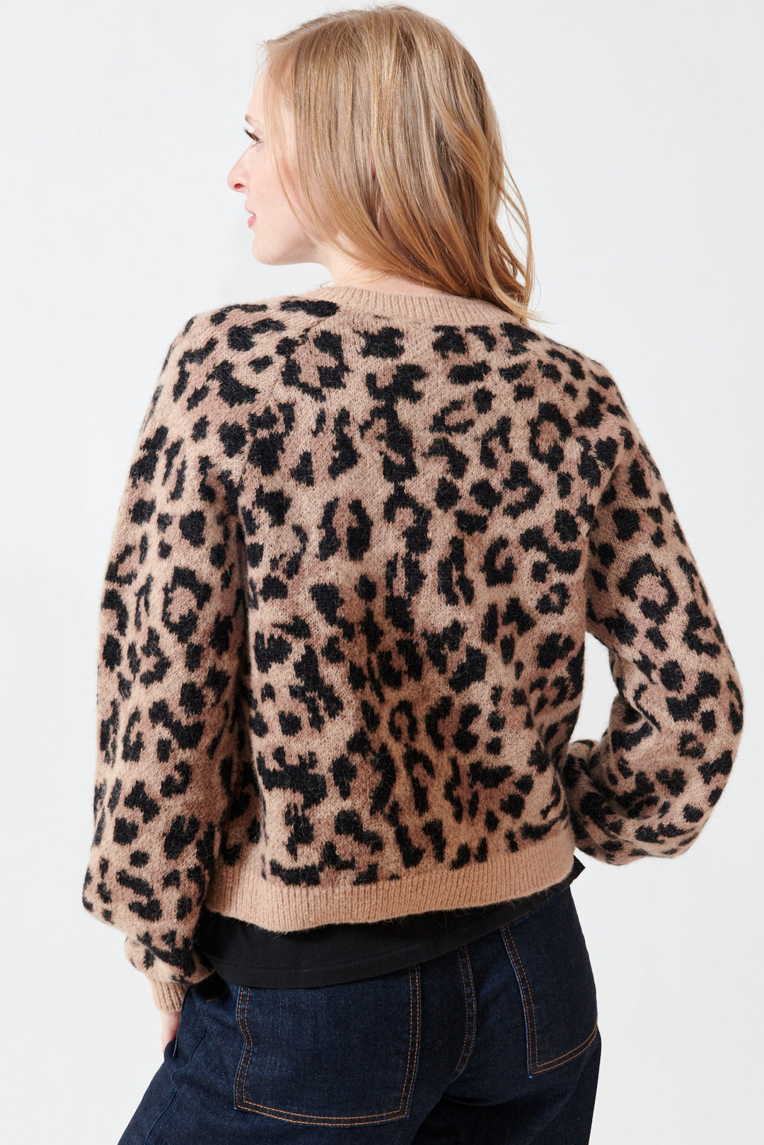 Madi wearing The Great The Windsor Cardigan Leopard rear view