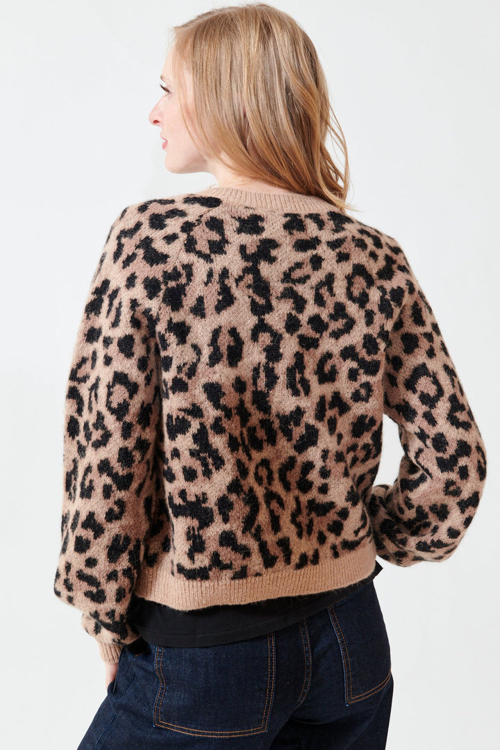 Madi wearing The Great The Windsor Cardigan Leopard rear view
