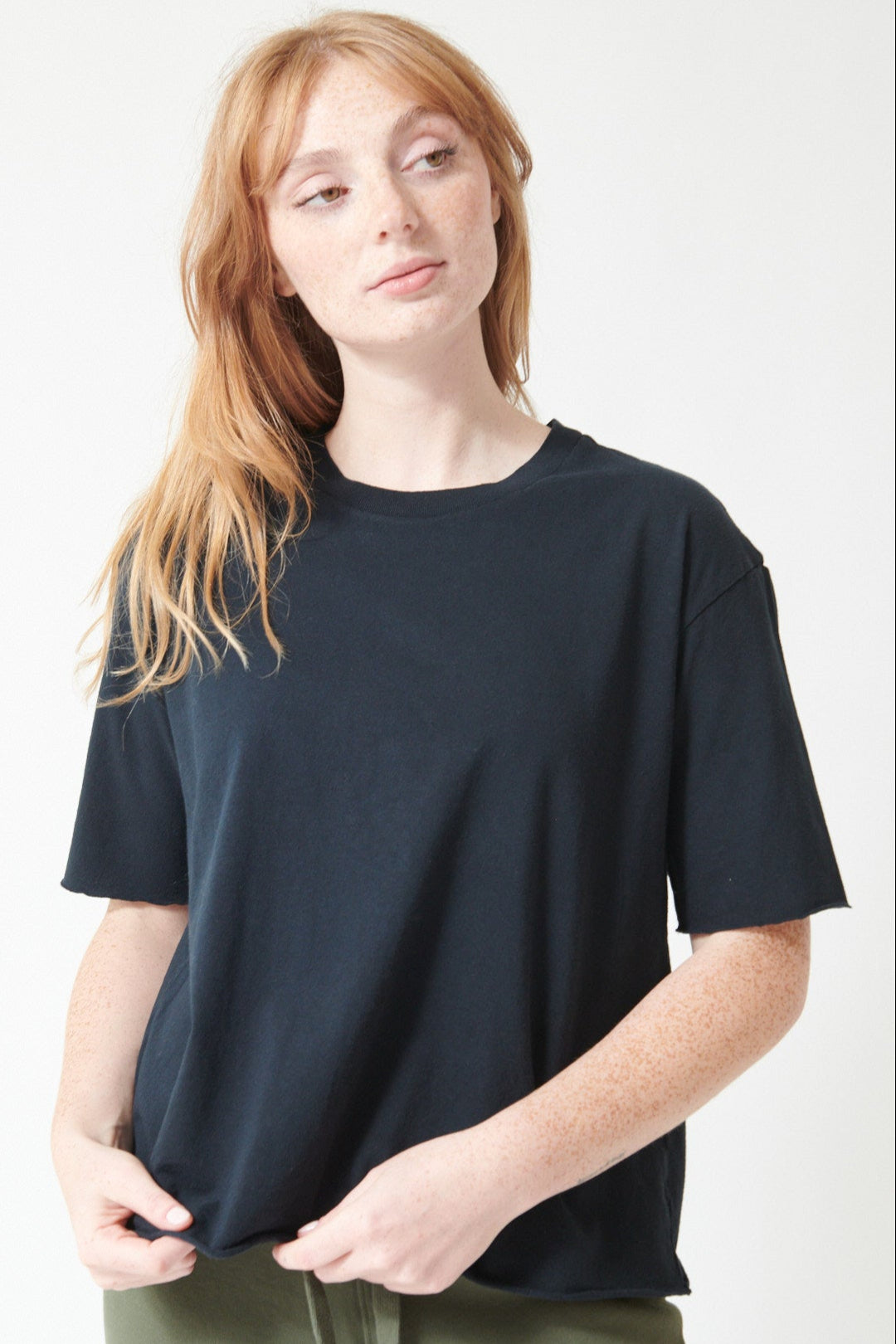 Waverly wearing Frank & Eileen Perry SS Crew Tee, British Royal Navy, front view.