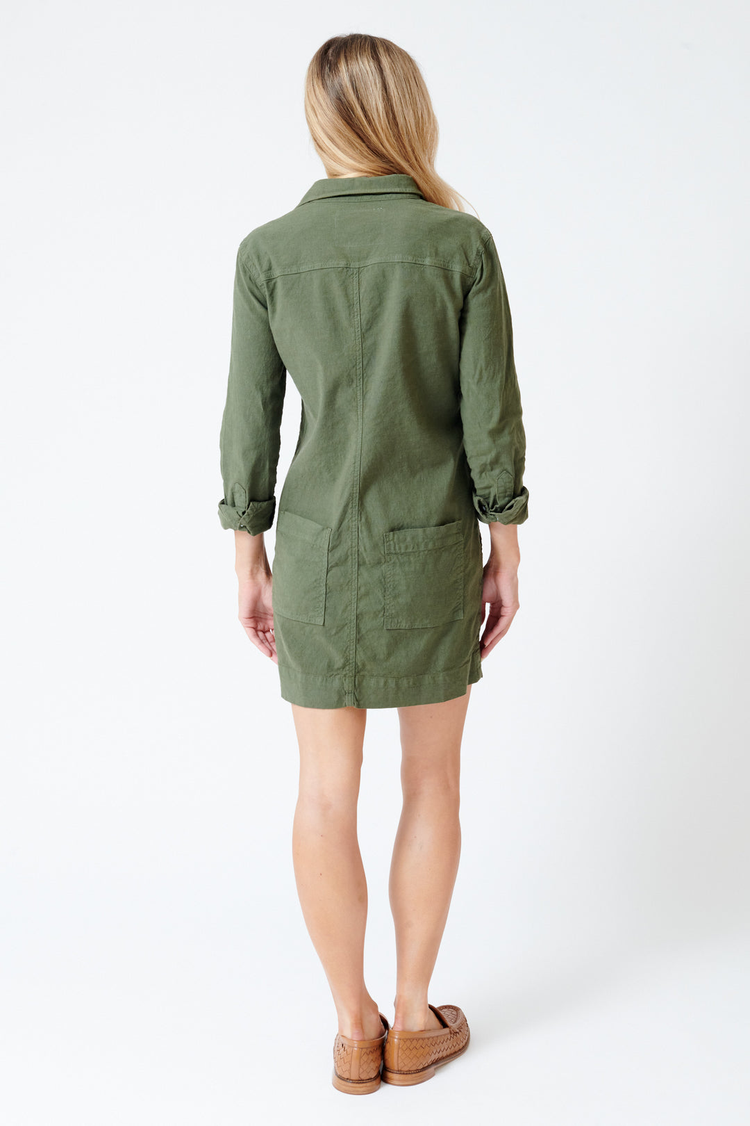 Mari wearing Frank & Eileen Southern Long Sleeve Playsuit Dress rear view
