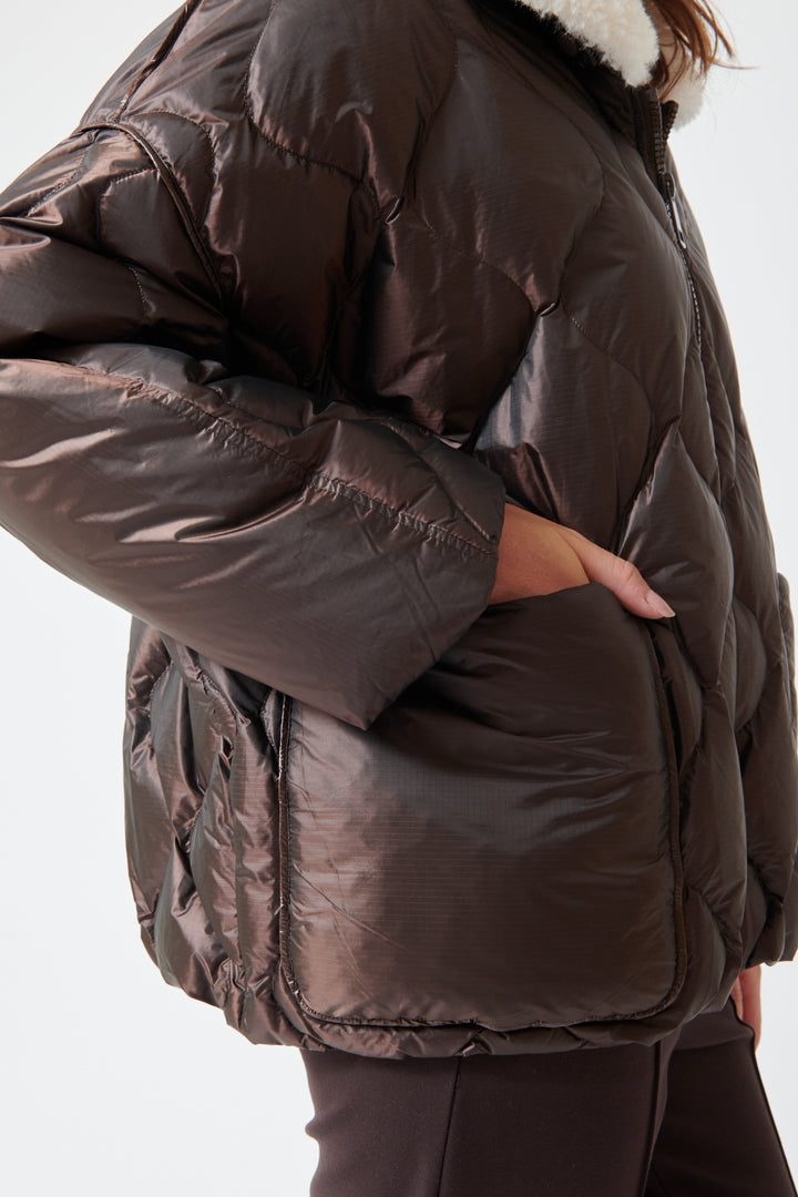 Julia wearing Dorothee Schumacher Cozy Coolness Jacket side/detail view