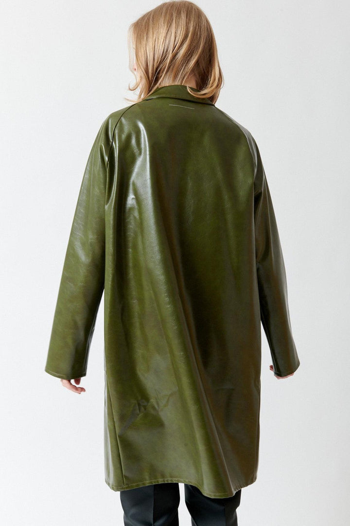 Madi wearing MM6 Maison Margiela Faux Leather Mid Length Jacket rear view