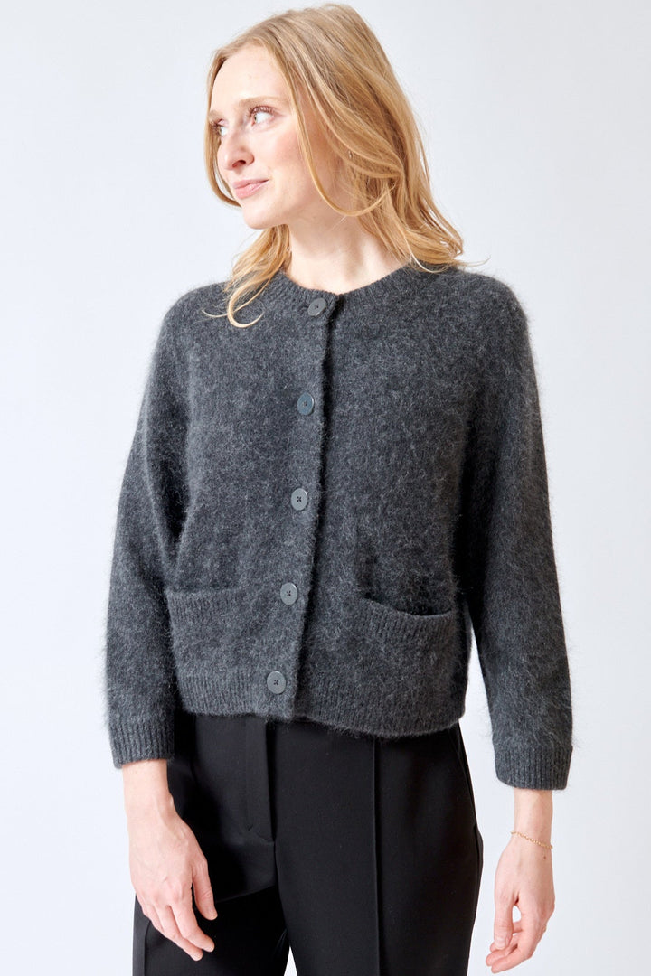 Madi wearing Dorothee Schumacher Fluffy Statements Cardigan front view