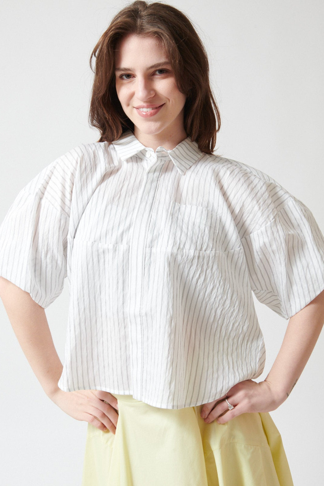 Sophie wearing Meimeij Circle Seamed Cool Blouse front view