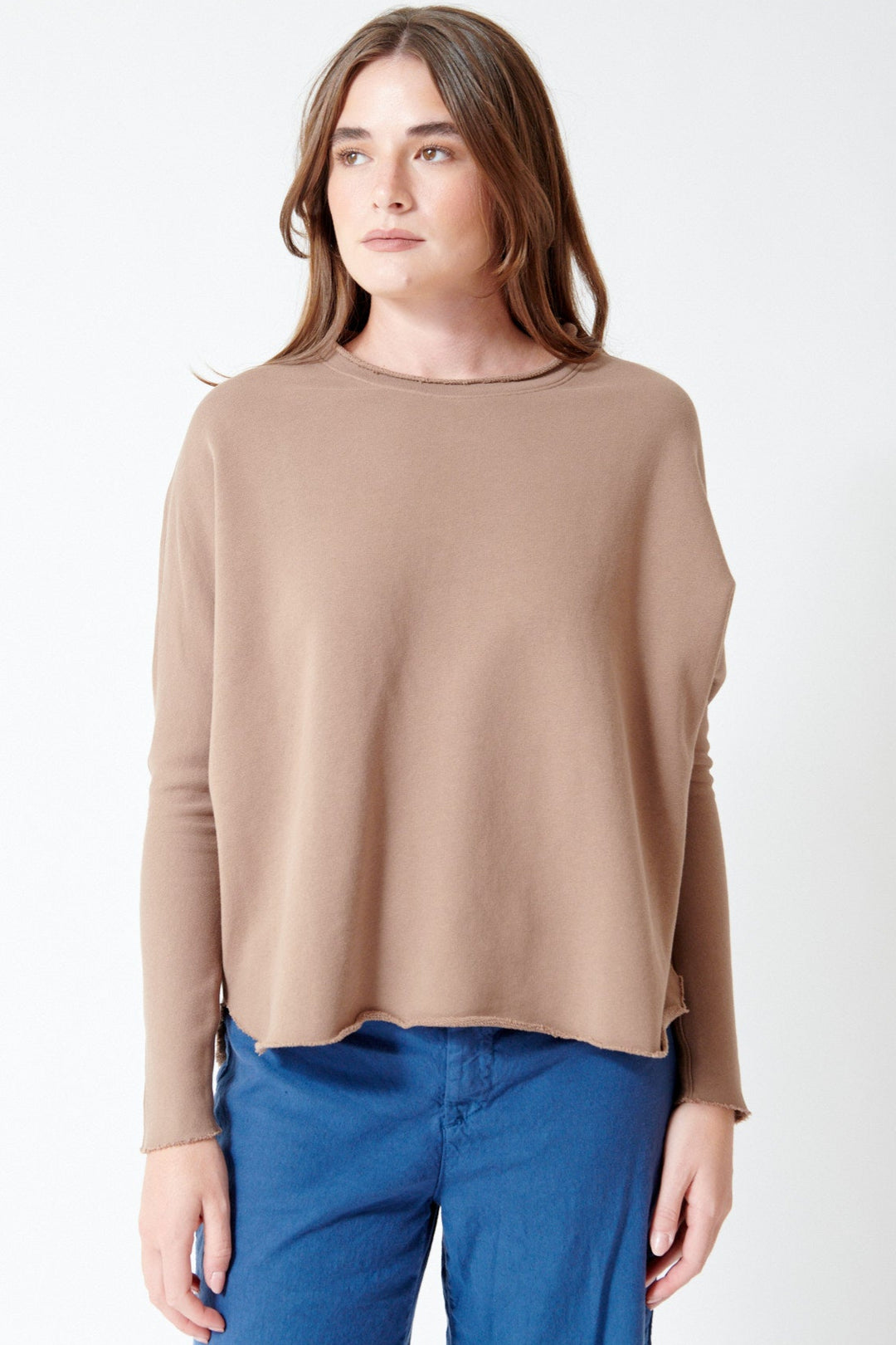Julia wearing Frank & Eileen Anna Long Sleeve Capelet, Toasted, front view.