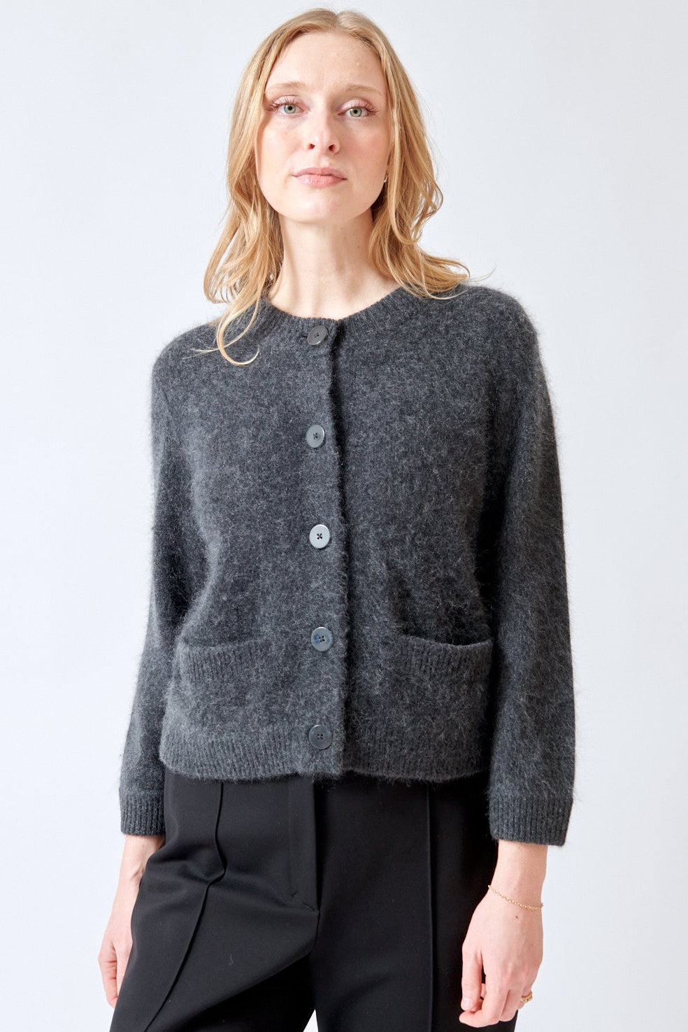 Madi wearing Dorothee Schumacher Fluffy Statements Cardigan front view