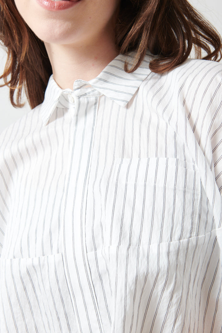 Sophie wearing Meimeij Circle Seamed Cool Blouse front/detail view