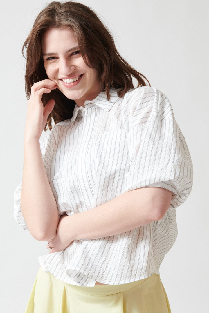 Sophie wearing Meimeij Circle Seamed Cool Blouse front view