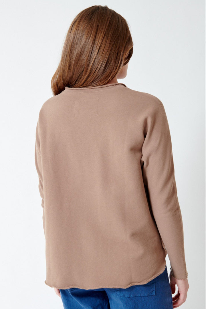 Julia wearing Frank & Eileen Anna Long Sleeve Capelet, Toasted, rear view.
