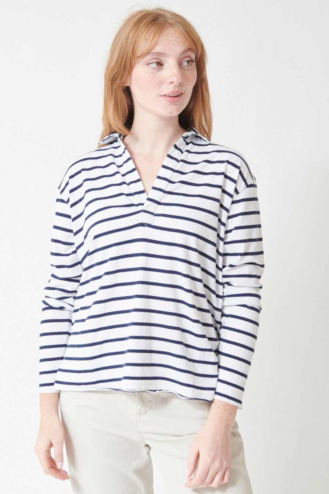 Waverly wearing Frank & Eileen Patrick Popover Henley Top in White Navy Stripe, front view.