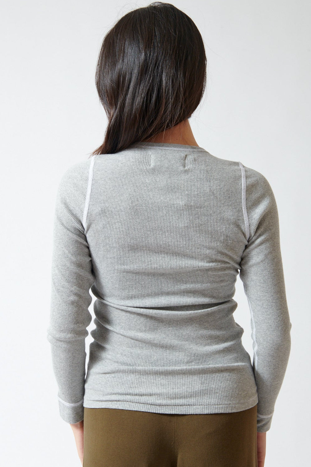 Lilly wearing The Great The Baby Rib Henley rear view