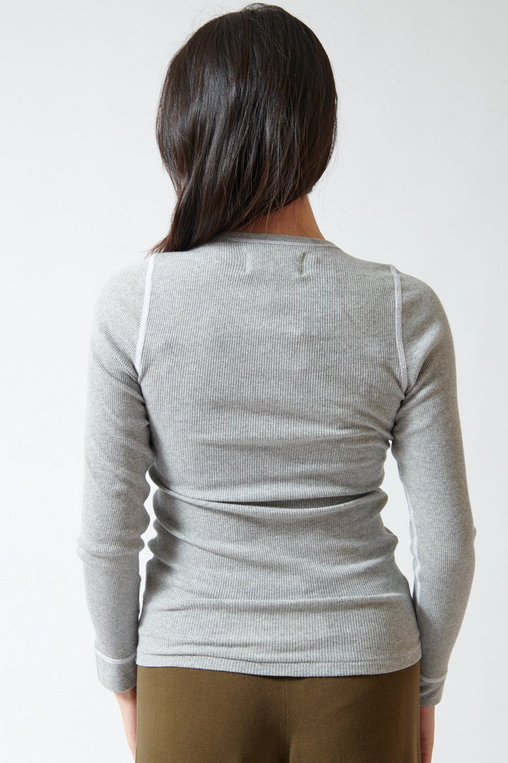 Lilly wearing The Great The Baby Rib Henley rear view