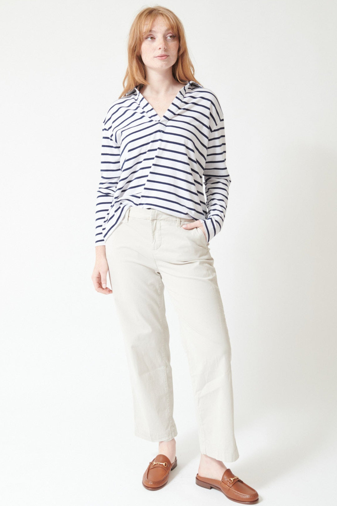 Waverly wearing Frank & Eileen Westport The Italian Wide Leg Chino in Cement, front view.