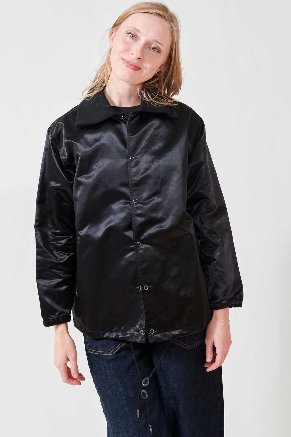 Madi wearing The Great The Satin Coachs Jacket front view