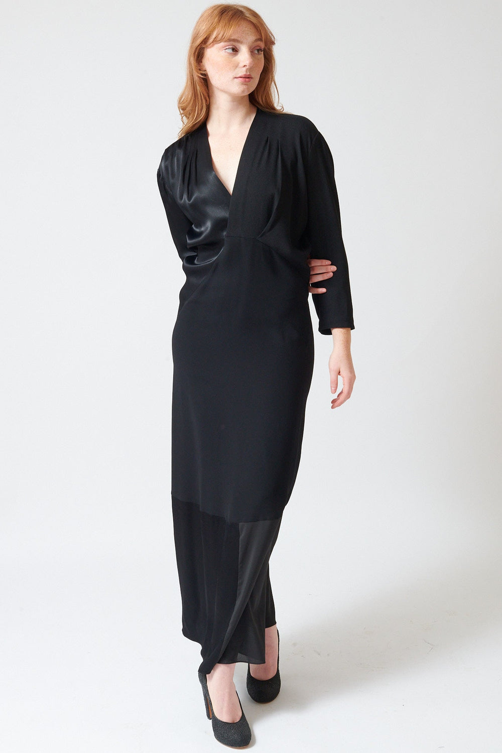 Waverly wearing 6397 Long Patchwork S Curve Dress rear view