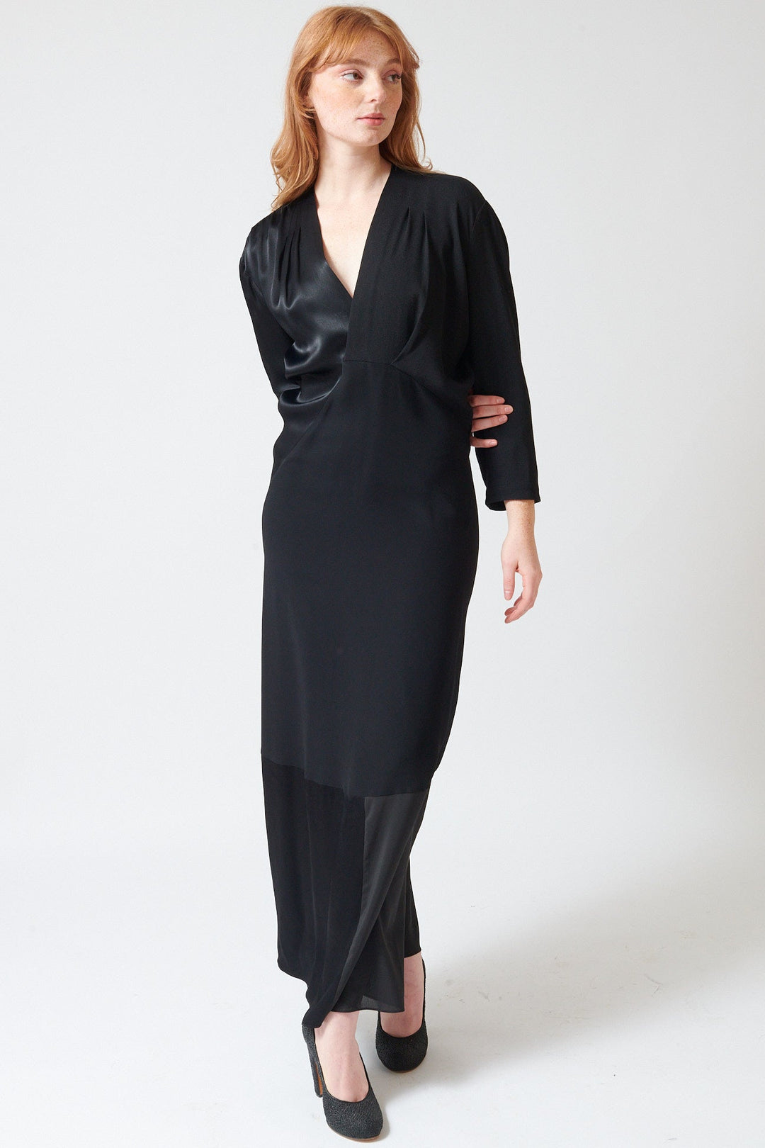 Waverly wearing 6397 Long Patchwork S Curve Dress rear view