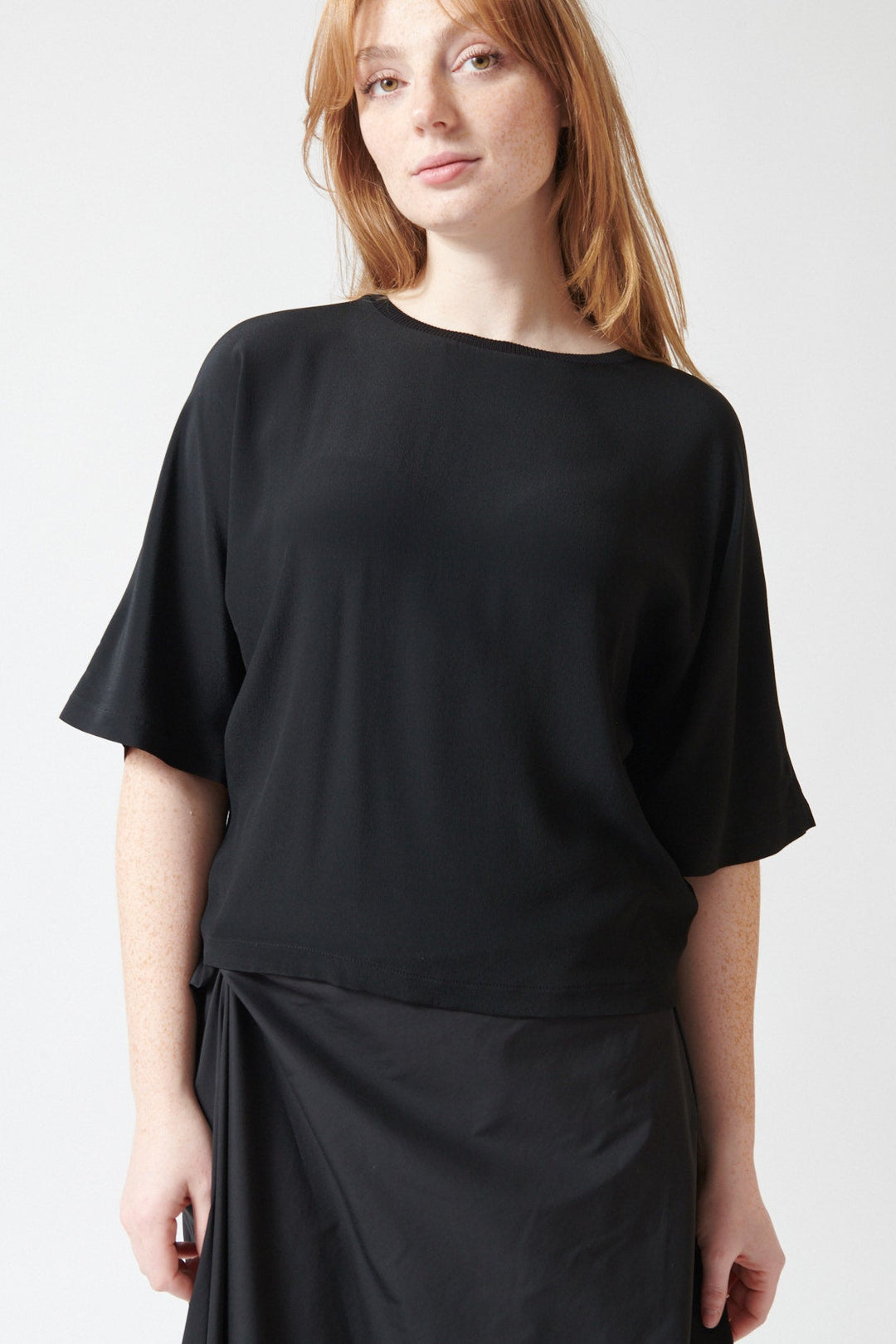 Waverly wearing Meimeij Acetate Silk Cool Tee front view